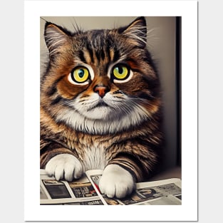 Cute Cat Reading Newspaper Posters and Art